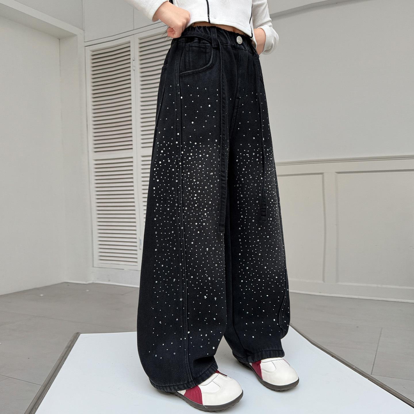 

Girls Spring Autumn Jeans Teens Children s Sky Full Star Rhinestone Loose Wide Leg Denim Pants Fashion Knife Trousers 120 чёрный