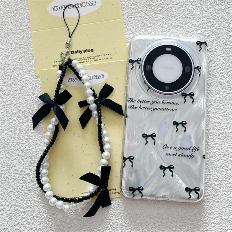 Cute Pink Black Bow Beaded Phone Chain Charm Lanyard For iPhone Samsung Huawei Universal Accessories Jewelry Pendant