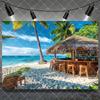 Hawaiian Tropical Summer Beach Background with Flamencos, Flowers, Aloha, Luau, Surfboard, for Parties, Photographic Studio Decoration