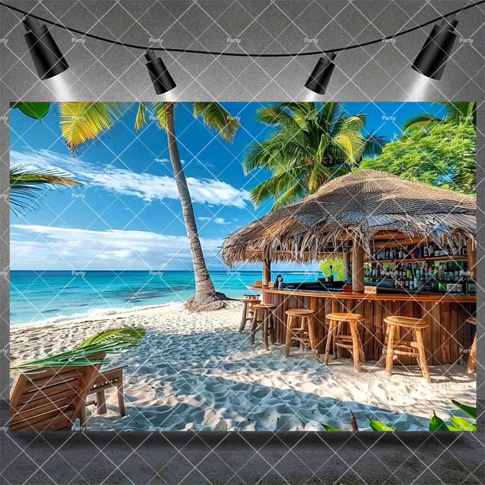 Hawaiian Tropical Summer Beach Background with Flamencos, Flowers, Aloha, Luau, Surfboard, for Parties, Photographic Studio Decoration