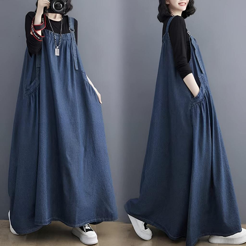 Spring, Summer, Autumn and Winter Craft Denim Fried Color Color Retro Loose and Skinny Denim Strap Skirt Long Pendulum