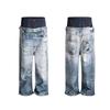 Mens Baggy Distressed Denim Jeans With Double Waistband 3D Printed Ripped Design Straight Fit Casual