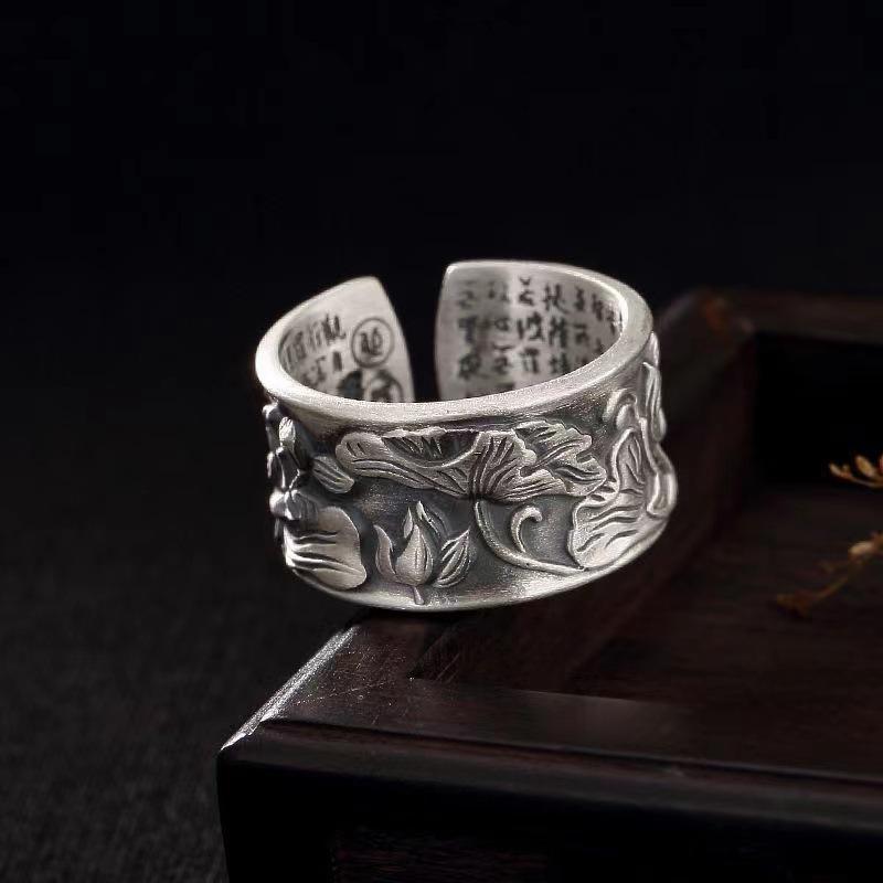 Lotus Leaf Heart Sutra Ring for Men and Women Open Retro Trendy Lotus Ring Wide Face