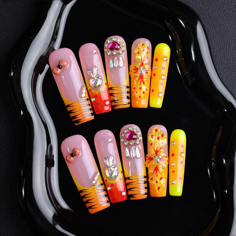 

Handmade Candy Color Wear-On Nails with Stripes, Polka Dots, Color Blocking, Bow Knot, Heart, and Diamond Design Large