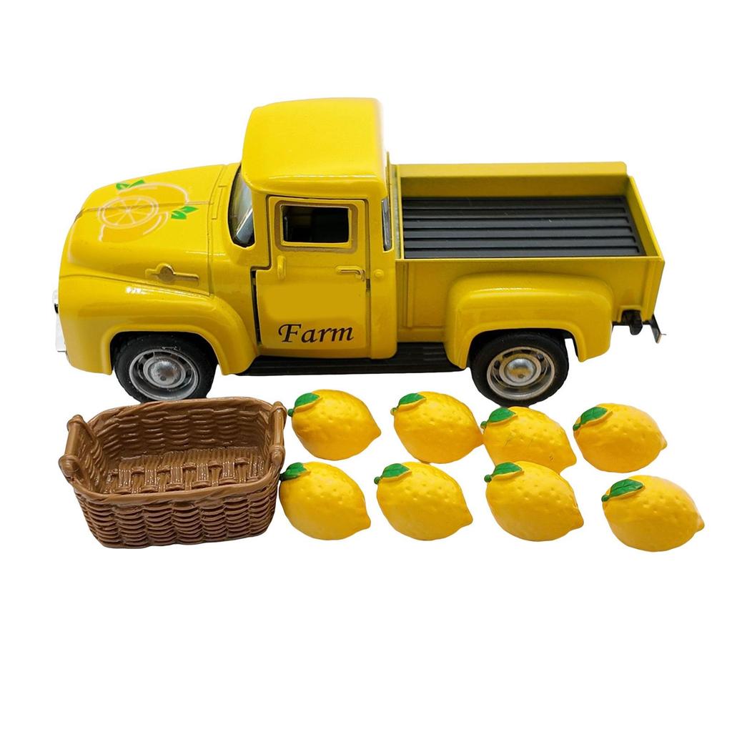 Vintage Alloy Lemon Truck Model with Mini Faux Lemons Summer Home Decors Miniature Vehicle Collectible Ornament Gift