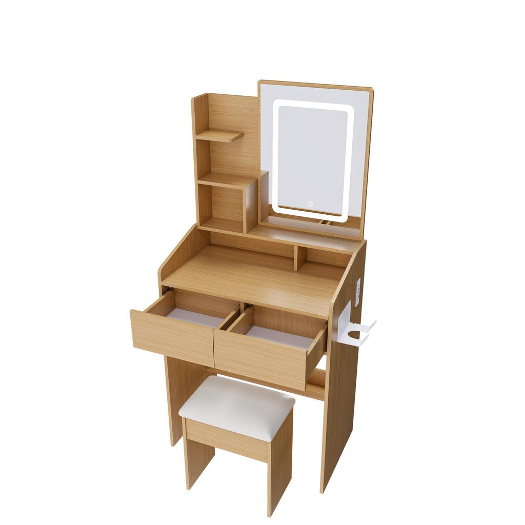 Vanity Table with LED-Illuminated Mirror, Power Outlet, Hair Dryer Holder & Upholstered Stool - for Small Bedrooms & Student Dorms. W60/H130/D36 cm.