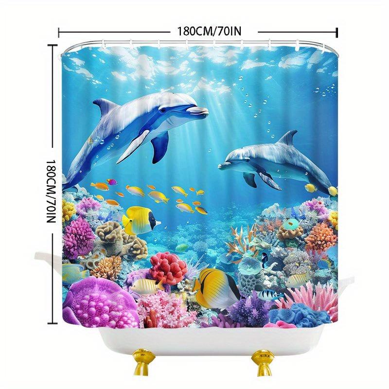 Dolphins Coral Reef Shower Curtain Gray Dolphins Colorful Fish Sunny Ocean Polyester Washable With 12 Hooks For Bathroom Decor