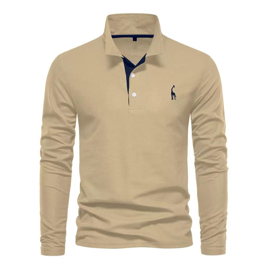 Trend Hub New Men's Deer Embroidery Polo Shirts Solid Color Long Sleeve Social Business Male