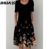 IHUASU 30 Color Pleated Midi Dress Short Sleeve Round Neck Loose Hem Mid-Calf Length Women Floral A-Line Party Dress Casual Wear