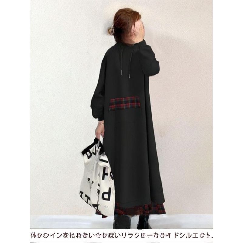Japanese Style New Fall Women's Clothing Long Sleeves Hooded Plaid Stitching Fake Two-Piece Loose Slimming Long Sweater Dress