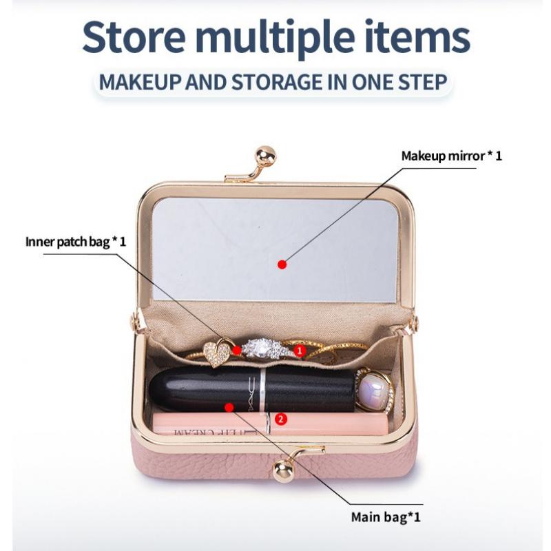 Borsa porta rossetto da donna in vera pelle con specchietto integrato, Custodia organizer portatile mini per rossetti con chiusura a bacio