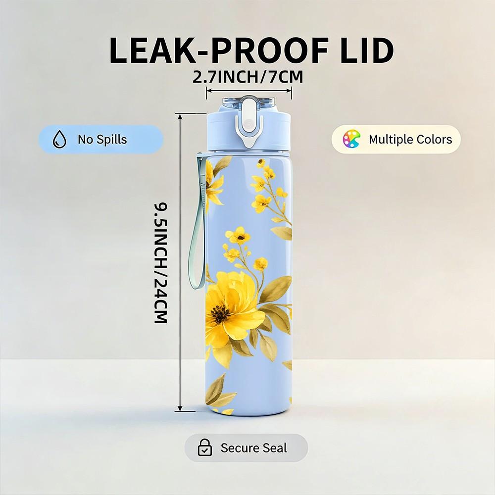 1PC Bright Yellow Chrysanthemum Floral Art 750ml Color Plastic Sports Water Bottle Leakproof Flip Straw Lid Suitable for Sports Office Home Use