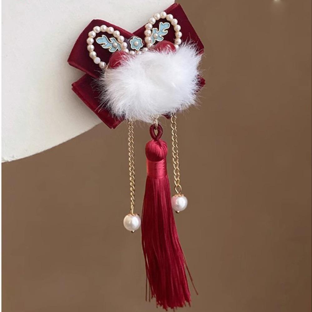 Plush Lion Dance Hairpin Cloth Hanfu Hair Clip Sweet Red Velvet Bow Hairpin  Girls