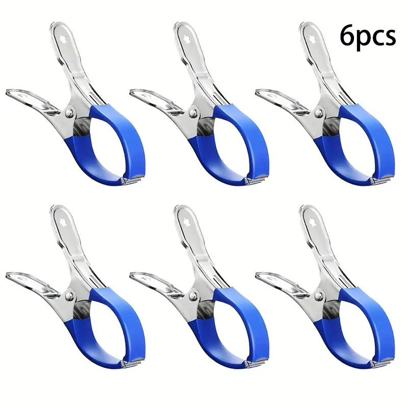 6 Pieces Durable Stainless Steel Pool Cover Clips with Blue Plastic Handles - Heavy Duty Windproof Spring Clips for Secure Above
