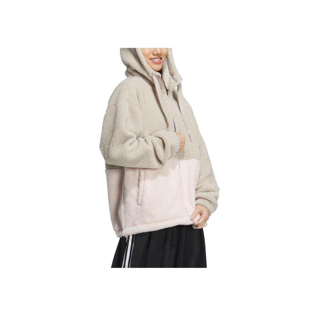 adidas Color Block Loose Fit Zip Up Hooded Drawstring Fleece Jacket Women Jackets Beige IK9863
