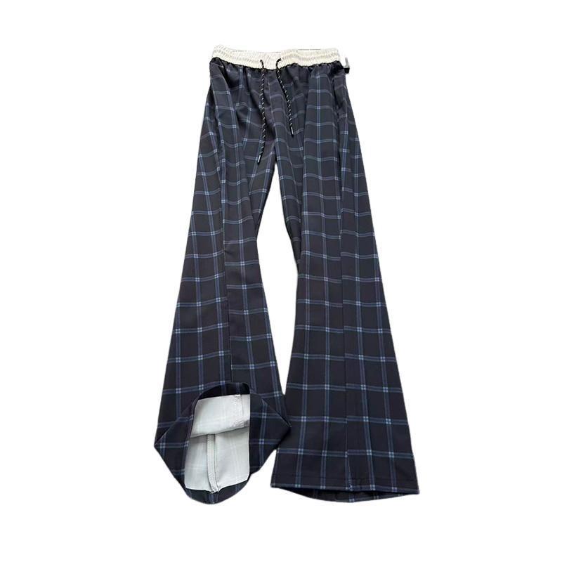 Eean summer sports thin fitcl ice silk navy blue casual plaid pants men's straight pants comfortable American versatile