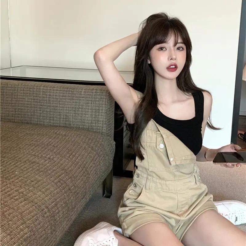 Women's Khaki Jeans High-Waisted Casual Overalls - Rolled-Up, Loose-Fit Strap Jumpsuit Shorts