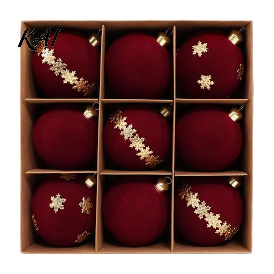 Soft Touch Decorative Balls 9Pcs Flocked Christmas Ball Ornaments, Burgundy Velvet with Gold Festive Garland Accents Embroidery, Hanging Tree