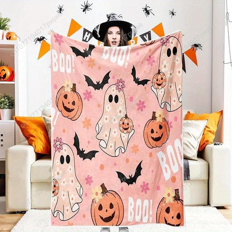 Pink Halloween Throw Blanket, Cute Spooky Ghost Pumpkin Bat Cozy Soft Blanket, Funny Pink Halloween Boo Flannel Baby Throw and B 75cmx90cm