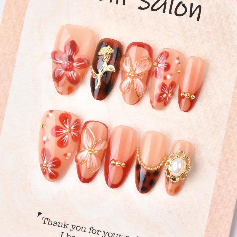 30pcs Autumn/Winter Gem Almond 3D Rose Flower Nail Art Tips, Gold Plated, High-End Feel