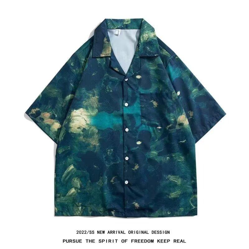 

Мужская рубашка в стиле ретро, ​​мужской летний наряд, студенческий свободный крой, нишевый дизайн, повседневный мужской топ, верхняя одежда, пляжный топ M зелёный