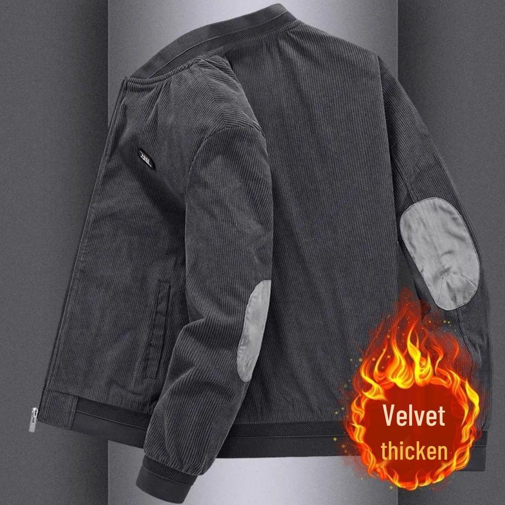 Men's Trendy Corduroy Retro Baseball Jacket, Velvet Lined, Loose Fit, 2025 Autumn/Winter Workwear Style.