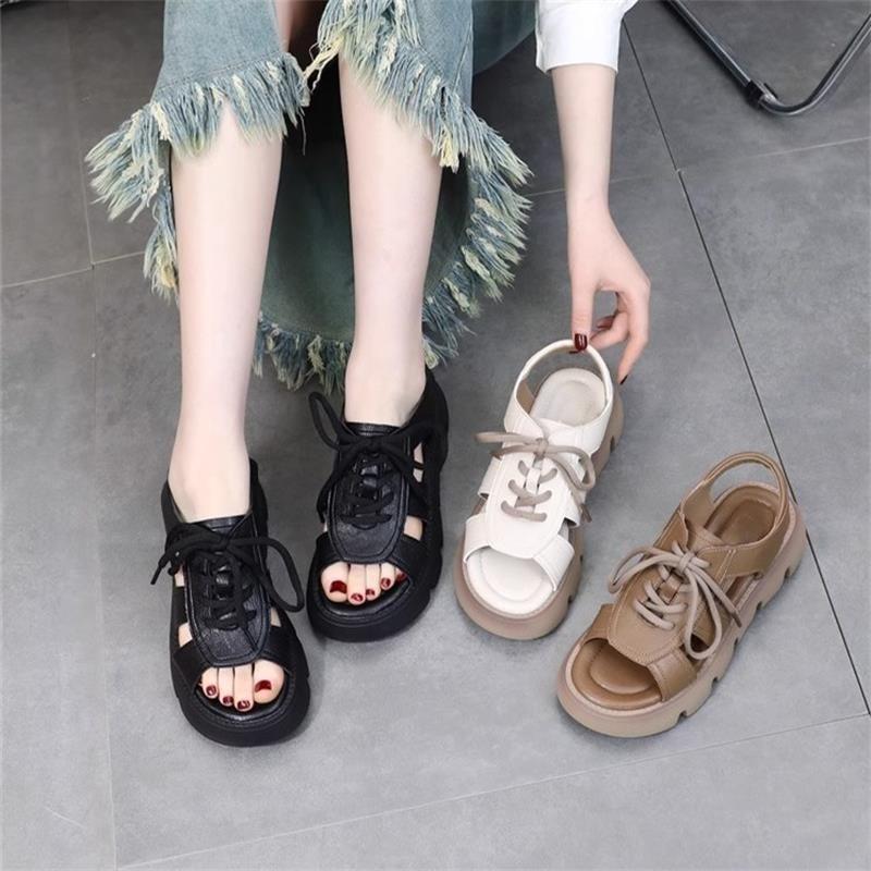 Womens Fashionable Chunky Sandals 2025 Summer Hollow-out Lace-up Casual Shoes Roman Beach Non Slip Wedge Shoes Sanalias De Mujer