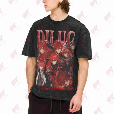 Diluc Genshin Impact Gaming Bootleg Husbando Vintage Washed Tee Pure Cotton T-Shirt