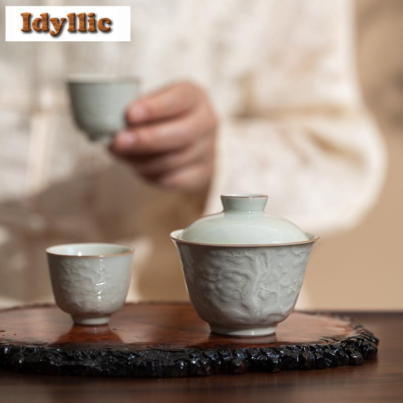 100ml Ice Table Glaze Handmade Relief Gaiwan Vintage Tea Tureen Tea Bowl With Lid Kit Tea Making Cover Bowl Tea Items Ornaments