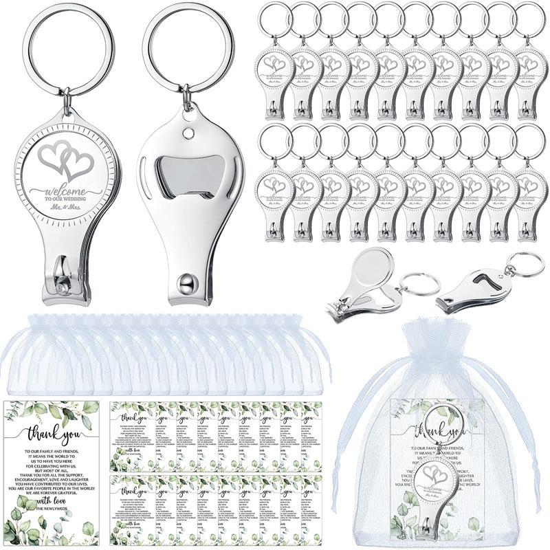 

25 Sets Wedding Multi Function Bottle Opener Nail Clipper Wedding Favors Brewery Cards White Organza Bags For Party Supplies
