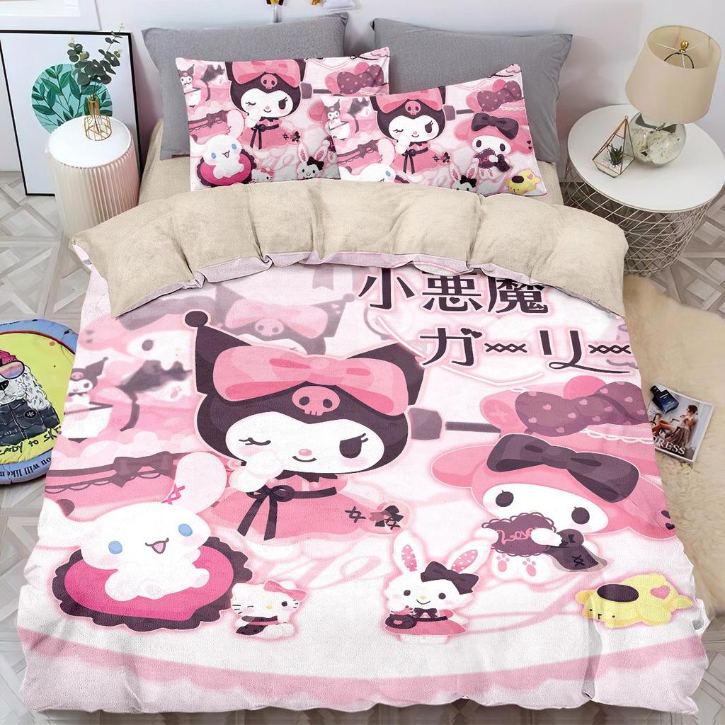 Cute Anime Cartoon Kuromi Bedding Picture Comforter Quilt Bed Cover Duvet Cover Pillow Case 2-3 Pieces Sets Kids Adult Size