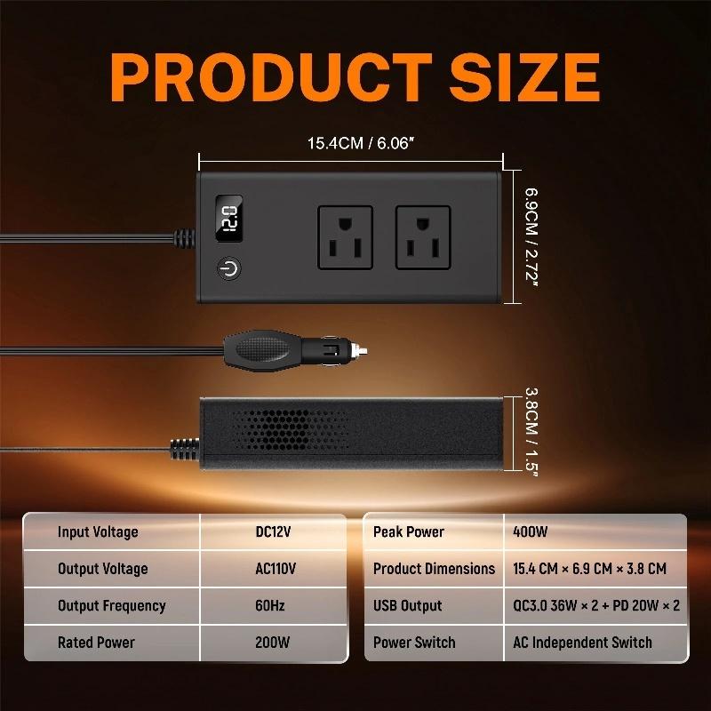 2026 New POP AeternaSol 200W Power Inverter Car Mounted Solar Inverter USB Voltage Transformer Portable DC 12V To AC 220V Conversion USB Battery Clip