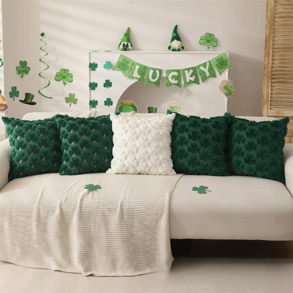 Household Clover Pattern St. Patrick‘s Day Shamrock Pillow Cover Green Plush Sofa Throw Pillow Square Pillowcase Office