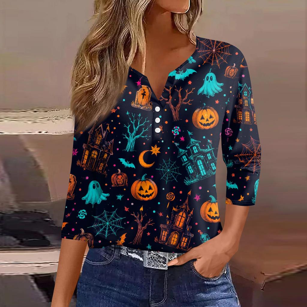 Women Casual Halloween Print V Neck 3/4 Sleeve Button Front Top Lightweight Soft Fabric Relaxed Fit Shirt