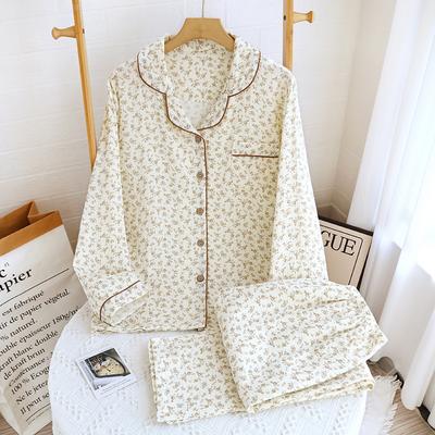 New Women's Crepe Cotton Double-layer Cotton Yarn Spring Floral Lapel Loungewear Pajamas Long Sleeves Trousers Spring and Autumn