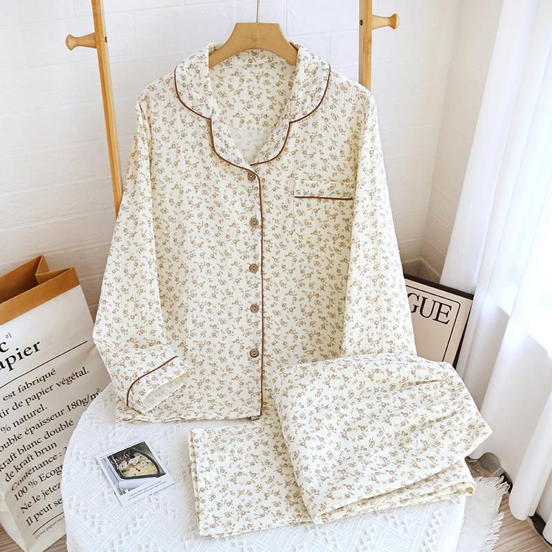 New women's crepe cotton double-layer cotton yarn spring floral lapel loungewear pajamas long sleeves trousers spring and autumn