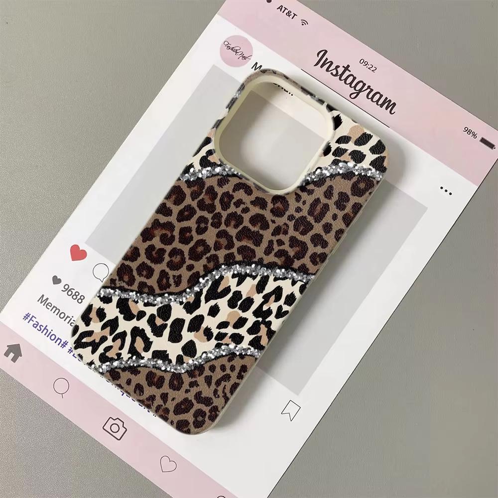 INS Diamond Edged Leopard Print Silicone Phone Case For iPhone 17 17Air 13 16 15 14 12 11 Pro Max Lychee Grain Soft Cover Funda