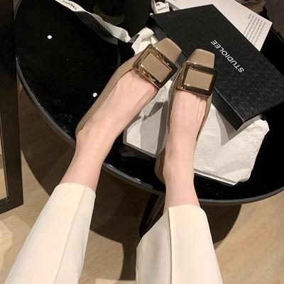 Élégantes chaussures simples à bout carré en métal à boucle carrée, petit talon épais, décolleté bas, semelle plate, nouveaux modèles printemps et automne pour femmes