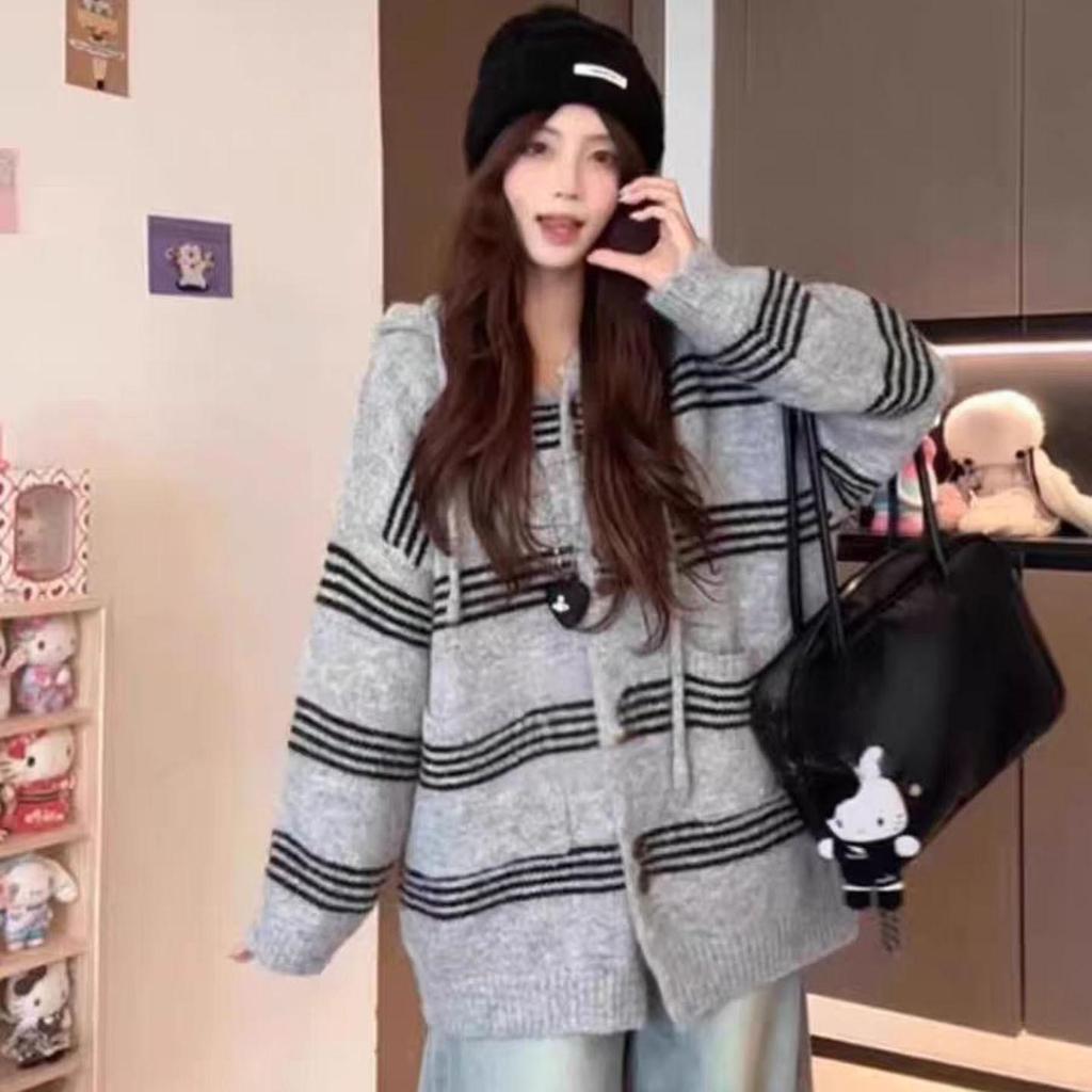 Korejský retro pruhovaný pletený kardigan s kapucí pro ženy: Raná podzimní a zimní móda