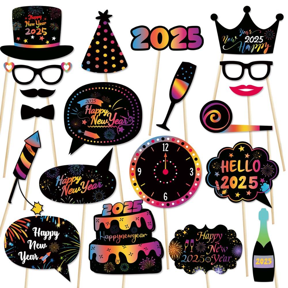 20pcs Colorful 2025 New Year Photo Booth Props Cartoon Happy New Year Decor  Birthday Party Supplies