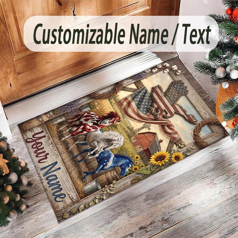 American Patriotic Theme Crystal Velvet Rug Personalized Custom Name Text Soft Floor Mat Home Decor