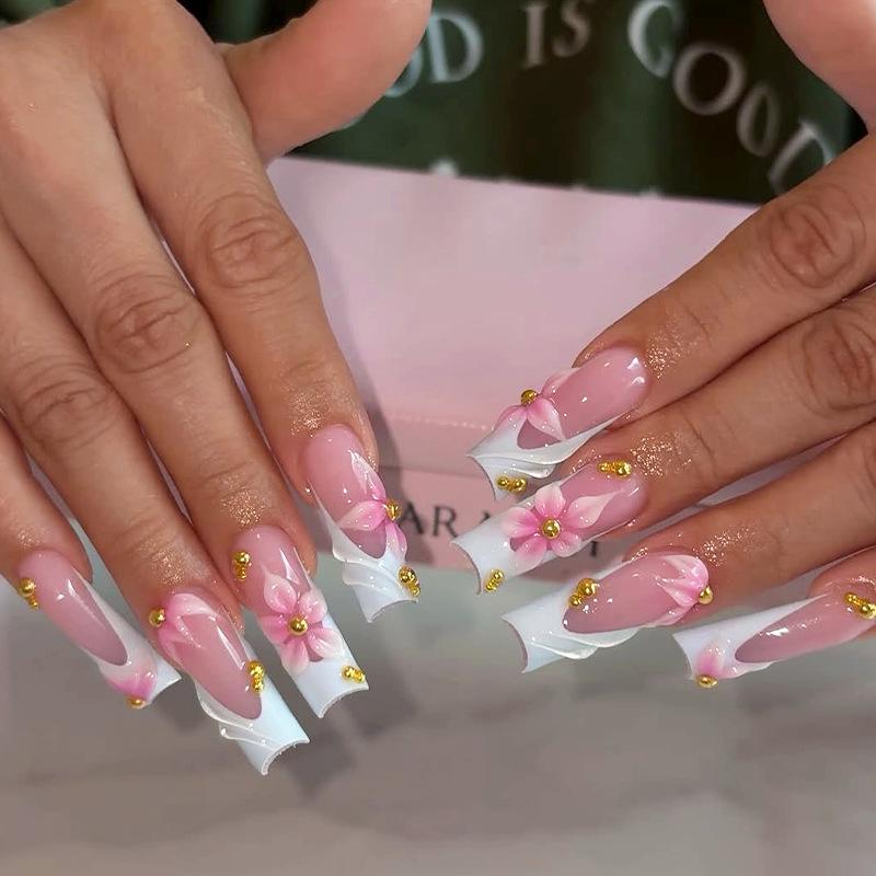 Nude Pink French Coffin Press On Nails, 3D Pink Flower Gold Bead Fake Nail Kit, ABS False Nails with Jelly Glue & Nail File, 12 Sizes