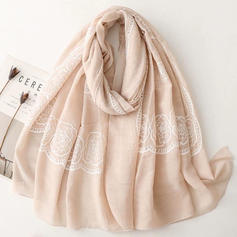Solid Color Floral Ethnic Style Embroidered Scarf Rose Flower Hijab Scarf Warm Roll Edge Travel Stoles And Shawls For Women