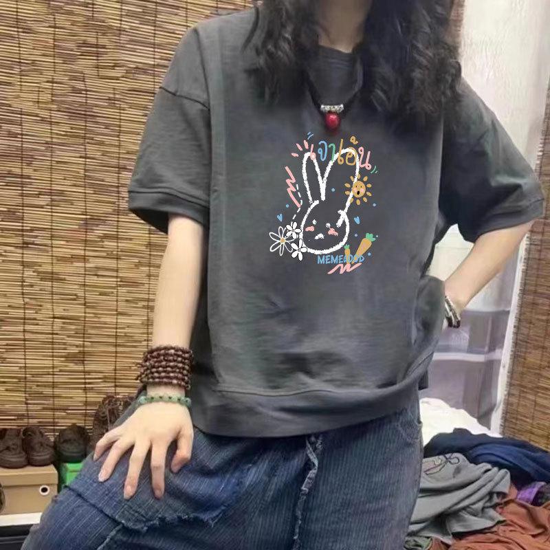 

Женская футболка из 100% хлопка, повседневная, свободного кроя, с принтом, с короткими рукавами, облегающего дизайна, доступна в больших размерах S (up to 85 jin) темно-серого