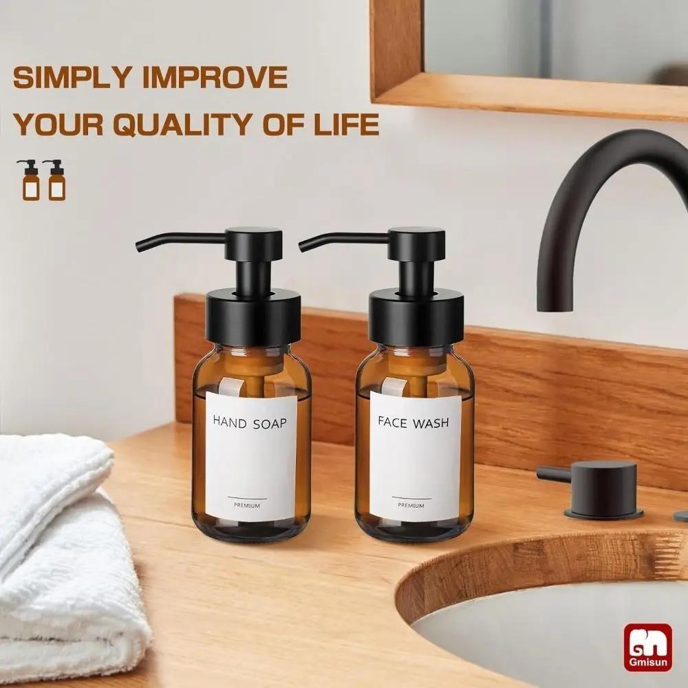 Anti-slip Refillable Foaming Soap Dispenser Thick Glass Round Foam Pump Bottle Amber Reusable Brown Glass Jar Bathroom