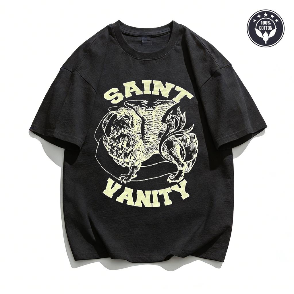 SAINT VANITY Koszulka Oversize z Graficznym Nadrukiem Grunge Męska Damska 2026 Streetwear Y2K Vintage Bawełniana z Krótkim Rękawem