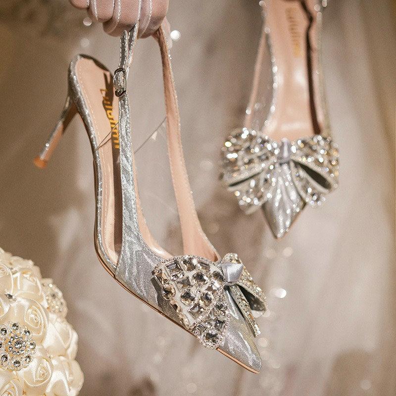 Fashion 2025 New Crystal Wedding Shoes Thin Heel Pointy Baotou Autumn Bride Shoes Fashion Rhine-Diamond Bridesmaid High Heel Sandals