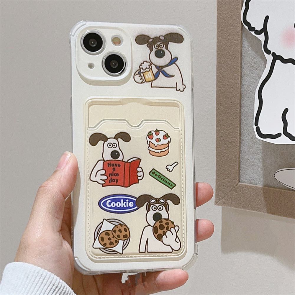 Kreslený psík iPhone puzdro pre 11/12 Pro/Max s držiakom na karty - Motív malého zvieraťa pre ženské používateľky.