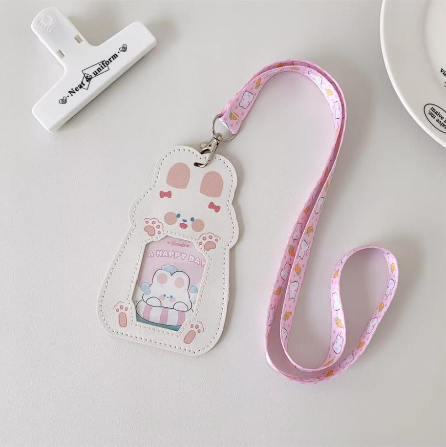 Cartoon Puppy Cat Leather 3inch Cards Cover Neck Strap Lanyard Campus Card Holder For Student