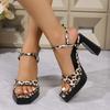 Summer New Square Head Thick Heel Sandals Ultra High Heels Fashionable Waterproof Platform Women's Shoes Leopard Print